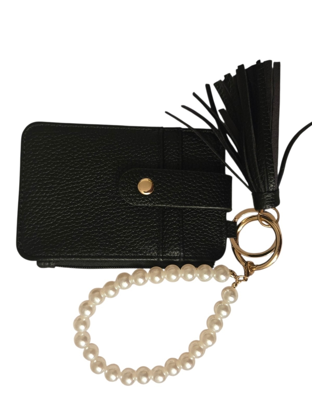Vegan Leather Black Pearl-Accent Cardholder Keyring Wristlet with Tassel